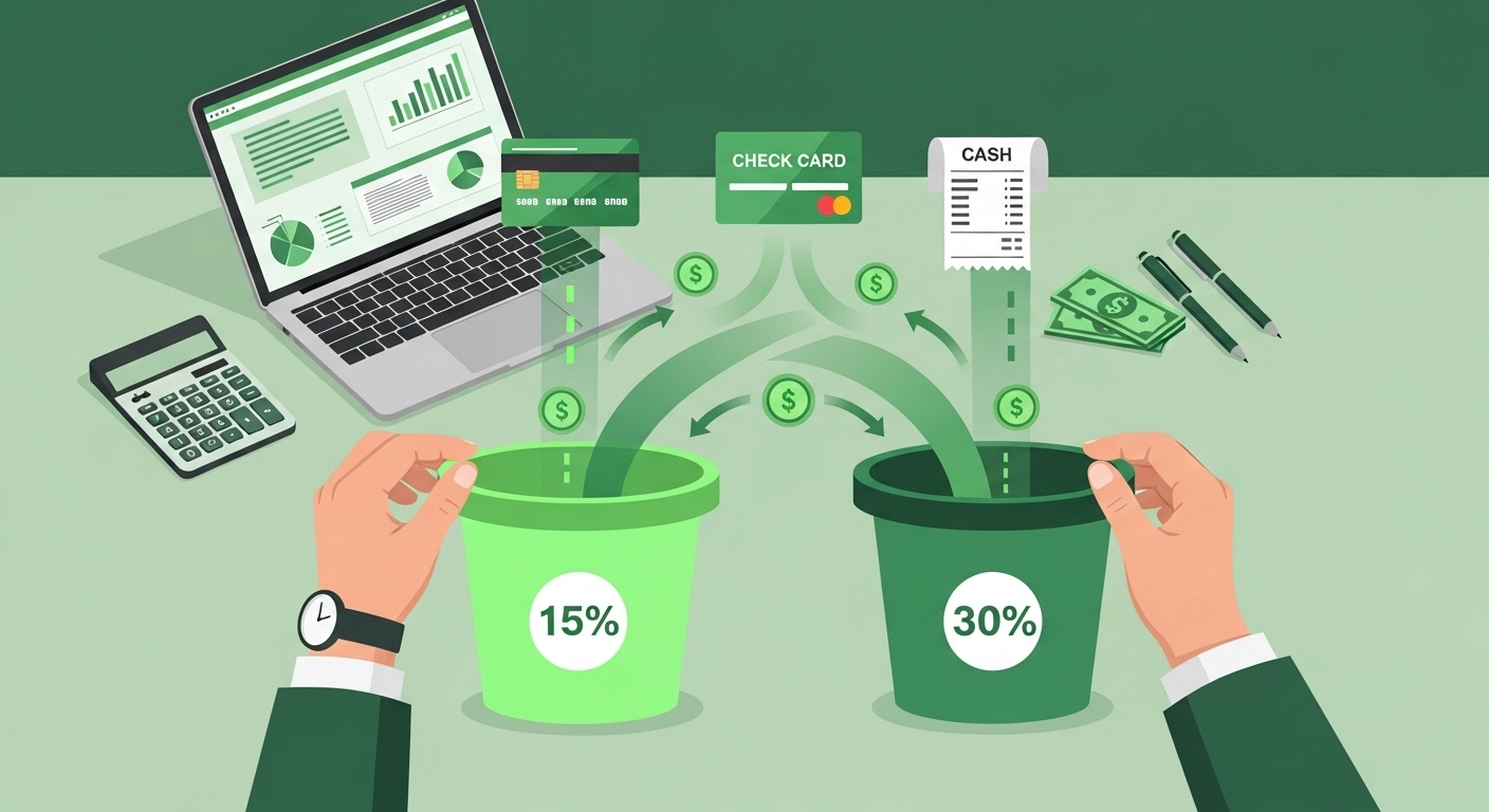 신용카드, 체크카드, 현금영수증을 현명하게 나눠 사용하는 모습을 도식화하여 보여주는 그림.