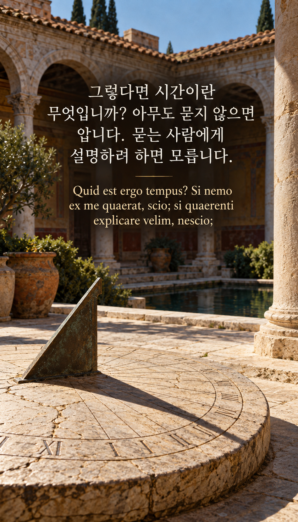 그렇다면 시간이란 무엇입니까? 아무도 묻지 않으면 압니다. 묻는 사람에게 설명하려 하면 모릅니다. — 로마 후기 안뜰의 해시계, 당시 배경의 아날로그 필름 사진풍