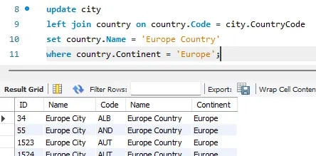 join 절에 사용된 테이블의 컬럼 값 수정