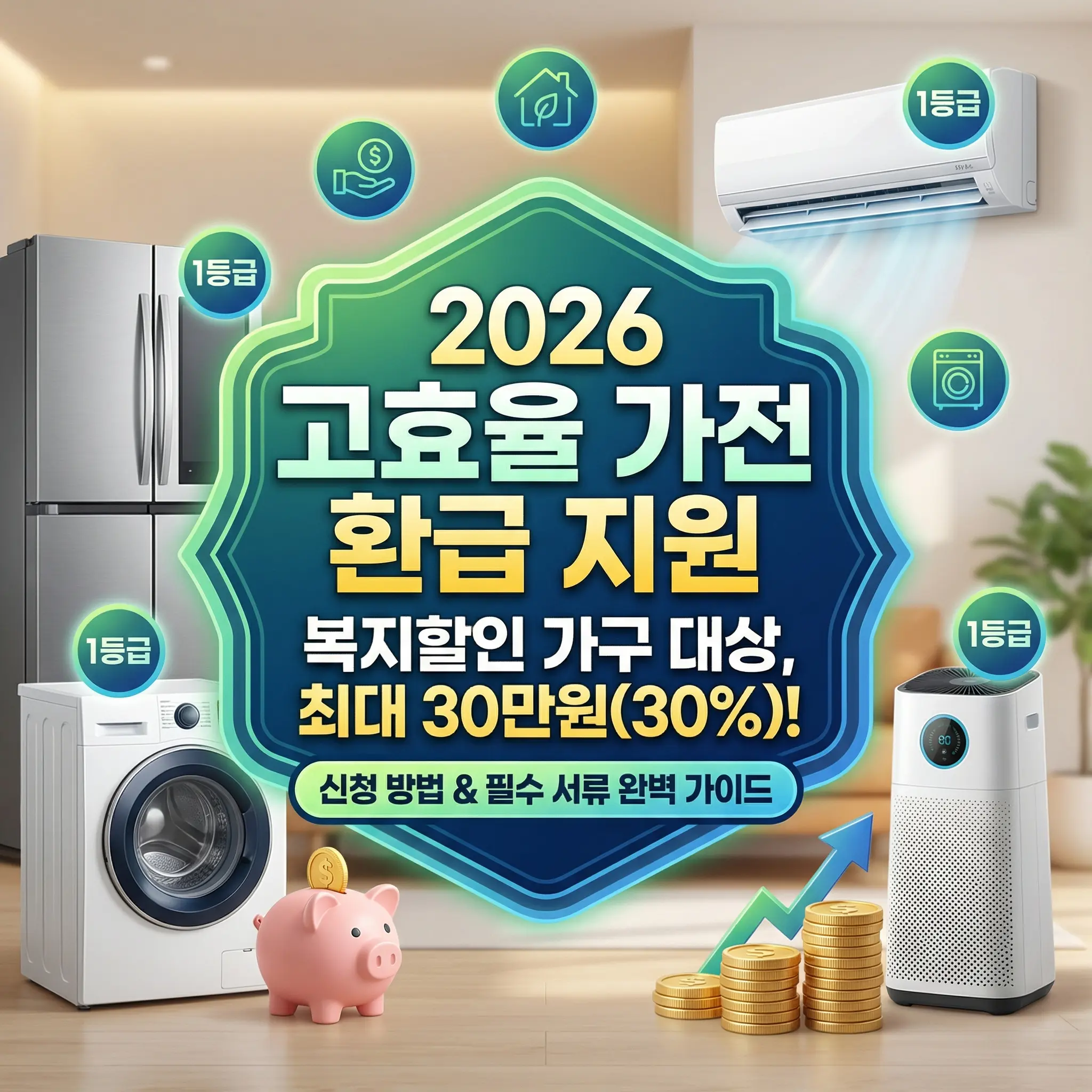 2026년 고효율 가전제품 구매비용 지원사업 안내 썸네일. 중앙의 푸른색 육각형 배너에 '2026 고효율 가전 환급 지원, 복지할인 가구 대상 최대 30만원(30%)!, 신청 방법 및 필수 서류 완벽 가이드'라는 문구가 적혀 있음. 배경에는 1등급 라벨이 붙은 에어컨, 냉장고, 세탁기, 공기청정기 가전제품 일러스트와 함께 저금통, 금전 아이콘이 배치되어 에너지 절약 및 환급 혜택을 강조함.