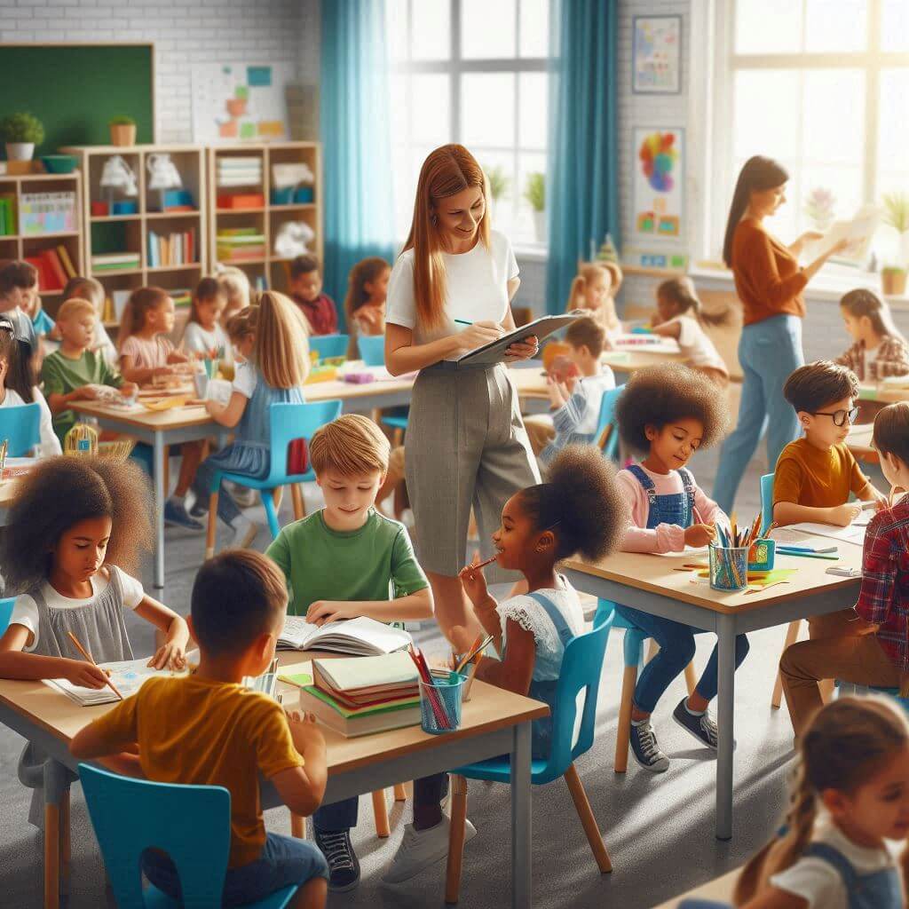 학교에서-수업중인-아이들과-선생님