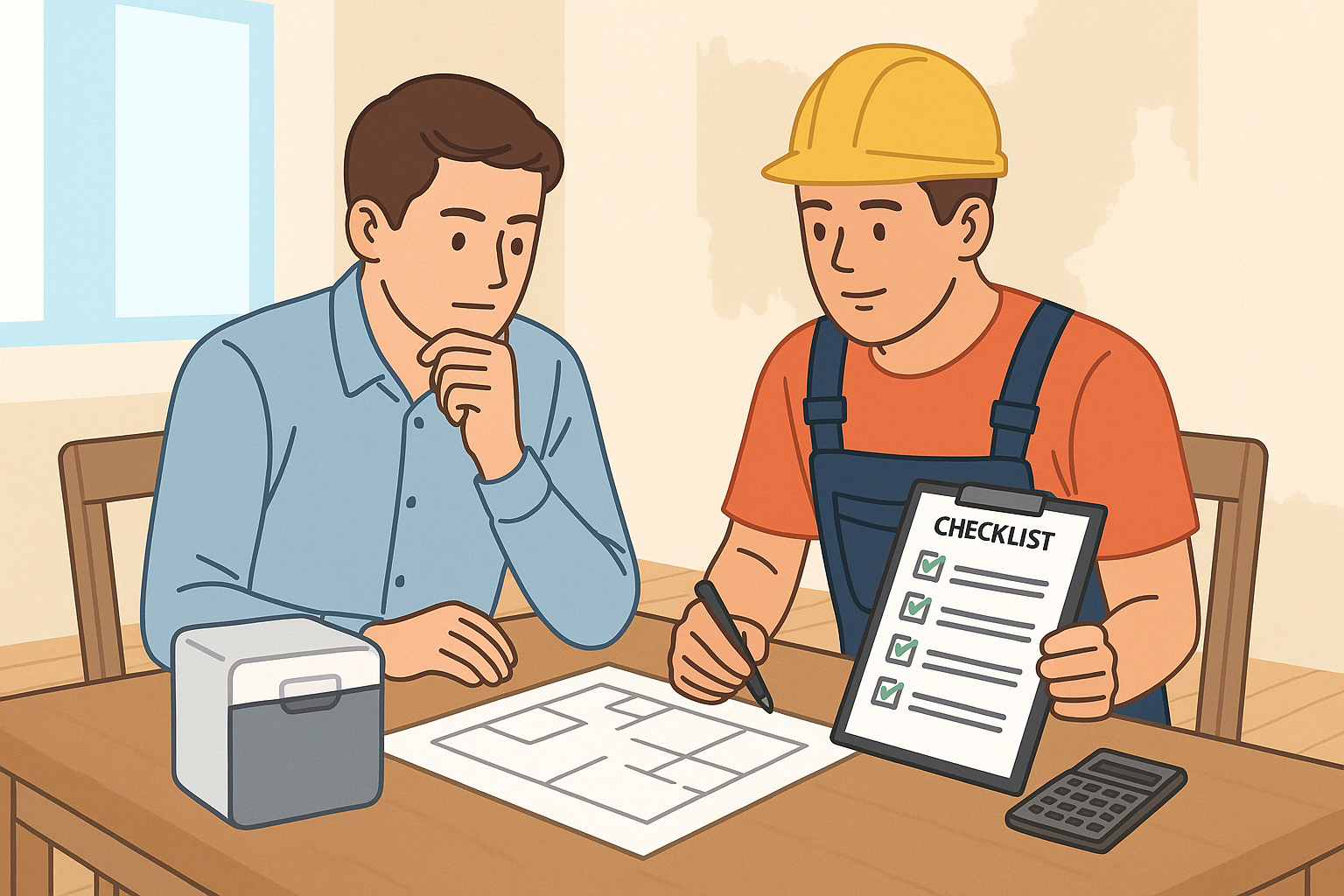 인테리어 업자와 남성이 체크리스트를 보며 견적을 상담하는 장면 일러스트, 테이블 위에는 도면과 계산기가 놓여 있는 모습