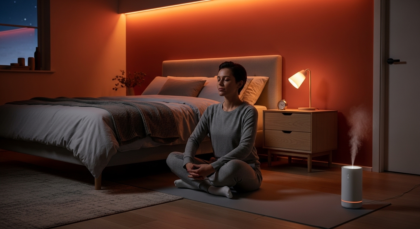 따뜻한 조명 아래 요가 매트에서 명상하며 잠자리를 준비하는 저녁 루틴 모습.