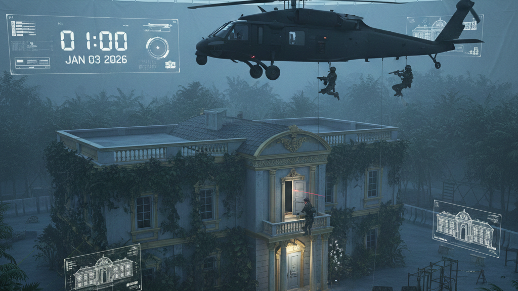 2026년 마두로 체포 작전을 재현한 가상 훈련장 이미지. 어두운 새벽, 열대 정글 속 저택 위로 비행하는 스텔스 헬리콥터와 홀로그램 데이터 화면이 떠 있는 정밀 타격 훈련 모습.