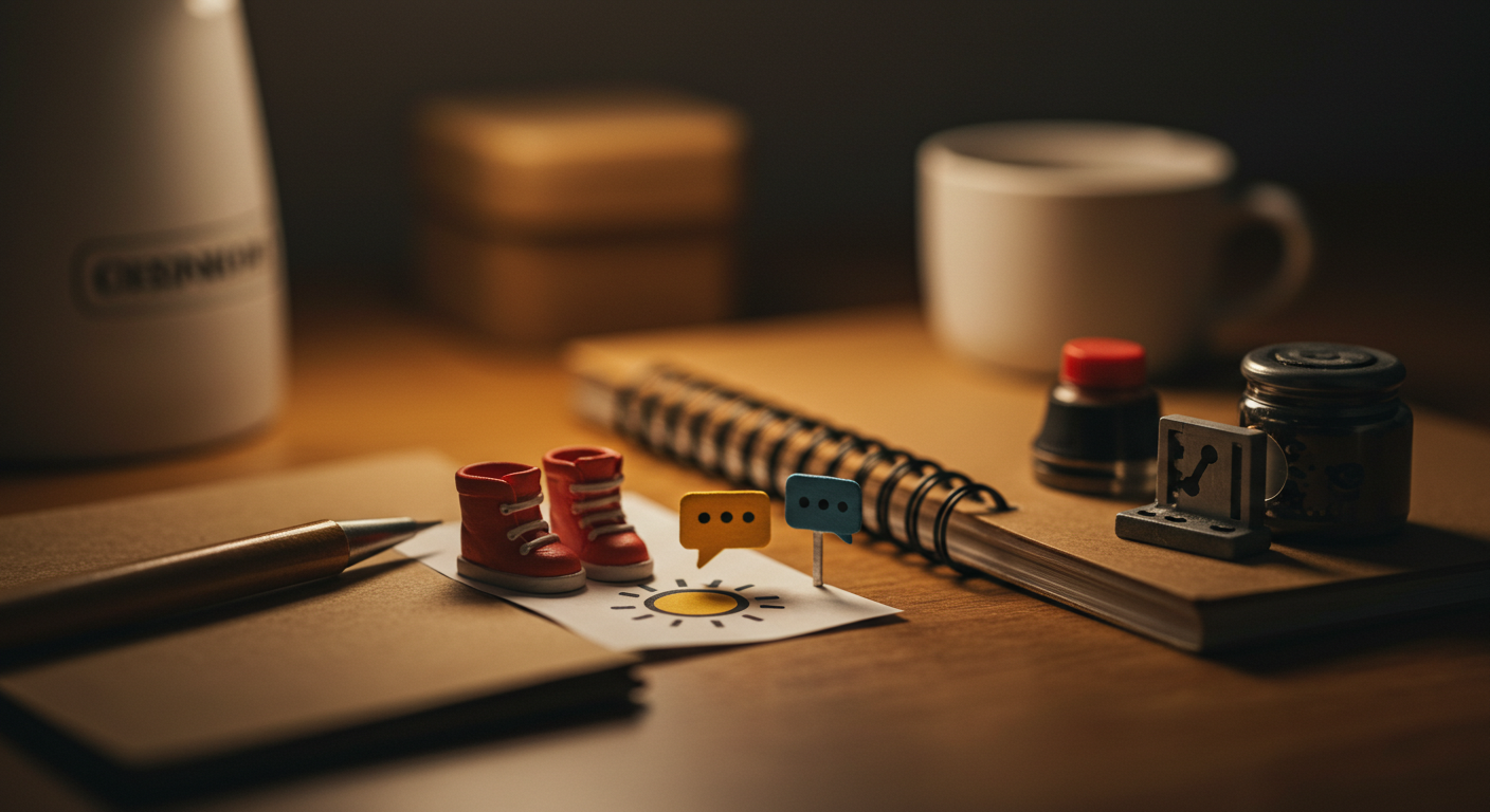 책상 위 미니어처 소품으로 아침 햇빛, 산책, 친구와 대화, 취미, 저녁 루틴을 표현한 틸트쉬프트 대표 이미지