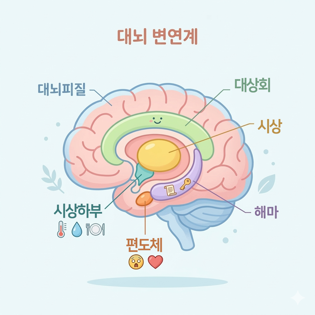 대뇌 변연계(Limbic System)의 구조와 명칭
감정과 기억, 본능적 욕구를 담당하는 변연계의 핵심 부위들을 시각화한 도해이다. 이성적 판단을 내리는 대뇌피질과 감정의 파수꾼인 편도체, 기억의 저장소인 해마 등이 유기적으로 연결되어 인간의 심리와 행동을 결정한다.