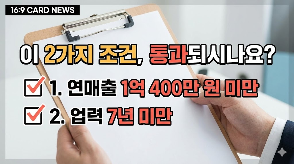 사용자가 자신의 자격 요건을 쉽고 빠르게 확인할 수 있도록 체크리스트 형태의 이미지를 사용했습니다. 연매출과 업력 기준을 명확하게 제시하여 정보 전달력을 높였습니다.