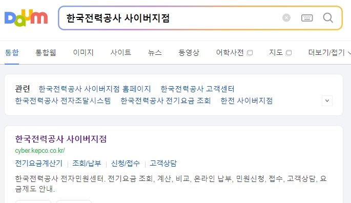 포털 사이트에서 한국전력공사 사이버지점 검색 결과