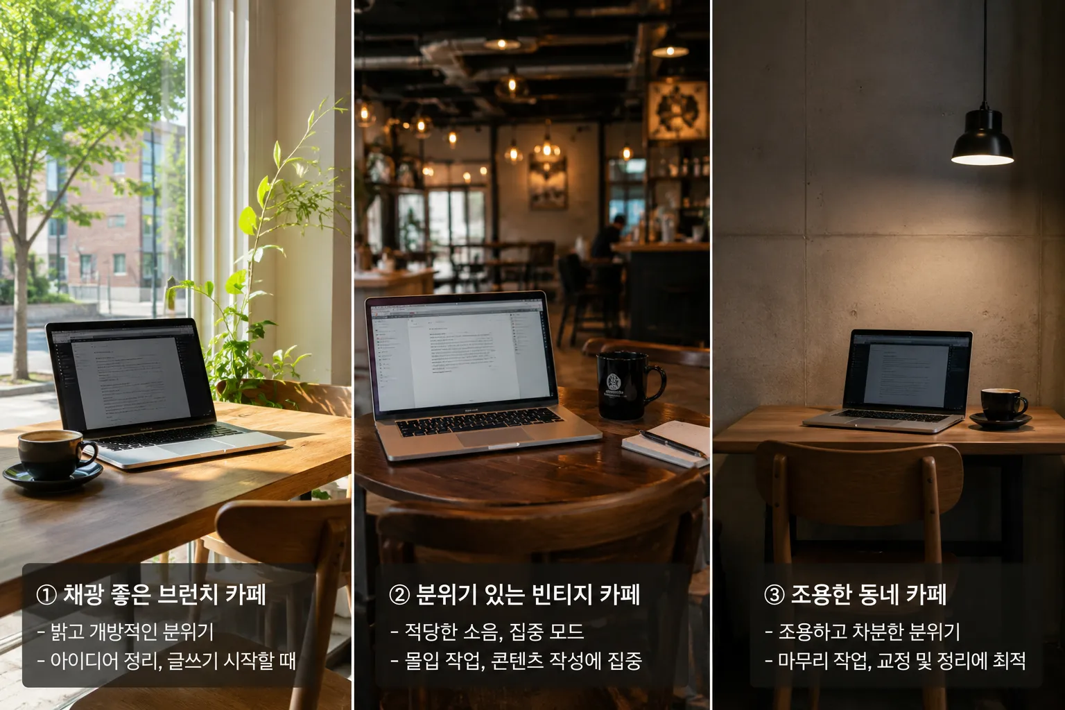 성격이 다른 카페 세 곳에서 같은 작업을 비교하는 모습