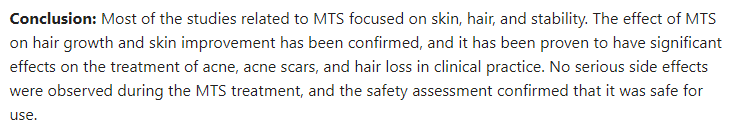 더마롤러 MTS의 발모 및 피부 개선 효과에 대한 결론이 담긴 영어 논문 인용 이미지 &ndash; 안전성과 임상 효과가 입증되었음을 요약한 문구