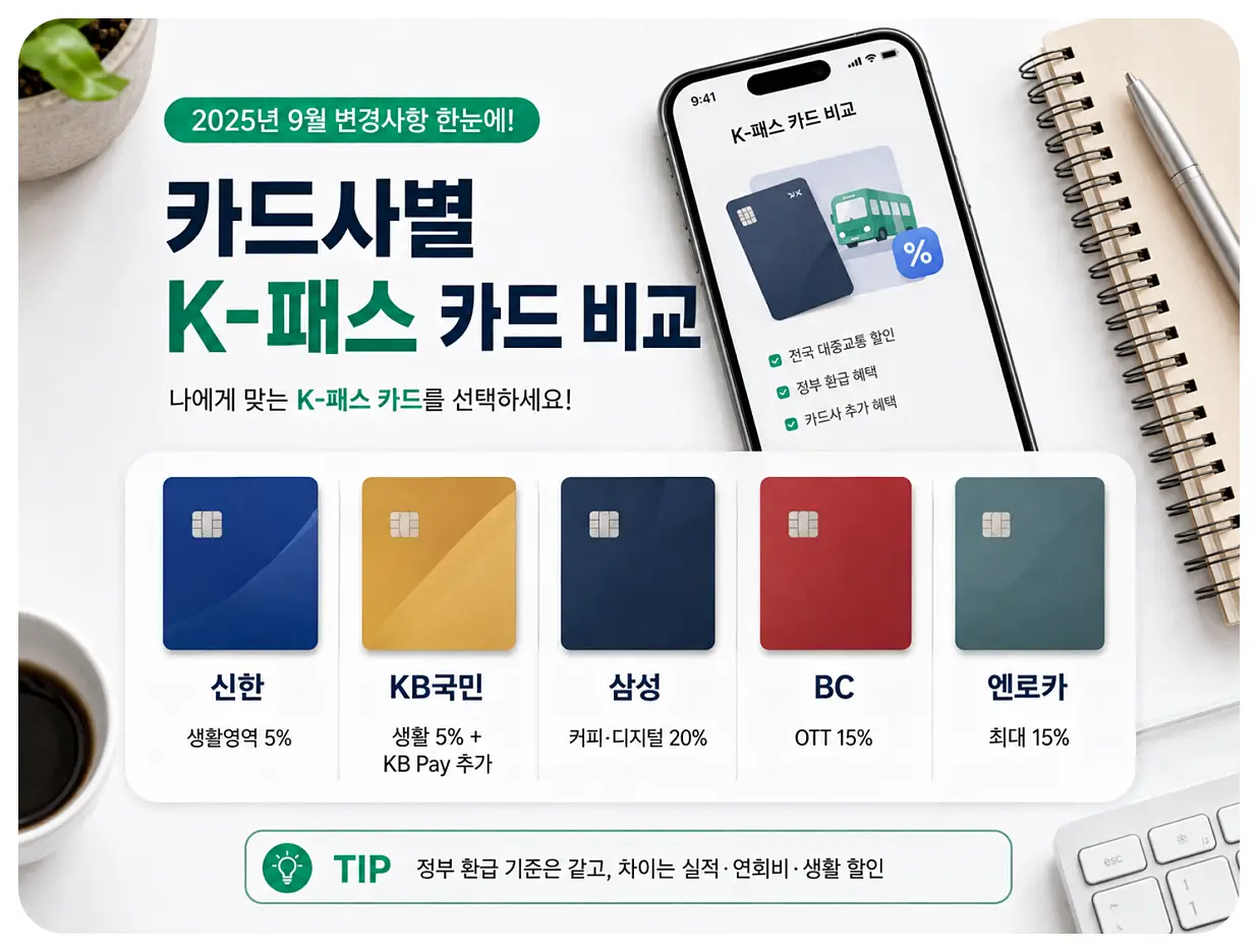 신한 국민 삼성 BC 엔로카 K패스 카드 생활 할인과 전월 실적 비교