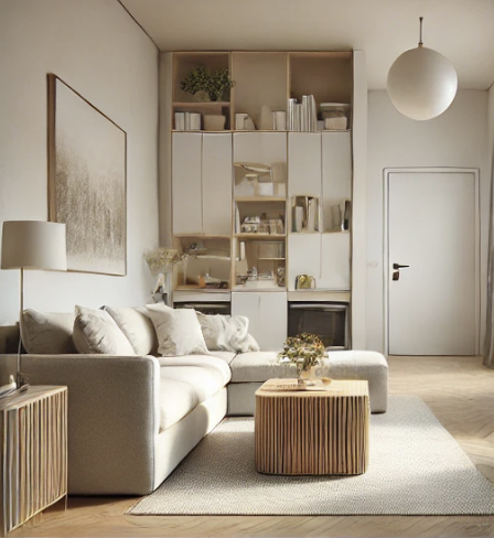 &quot;미니멀한 거실, 중성적인 색상의 작은 소파와 수납 기능이 있는 다용도 커피 테이블, 벽에 장착된 선반 위의 책과 식물이 깔끔하게 정리된 모습. 큰 창문을 통해 자연광이 가득 들어오는 공간.&quot;