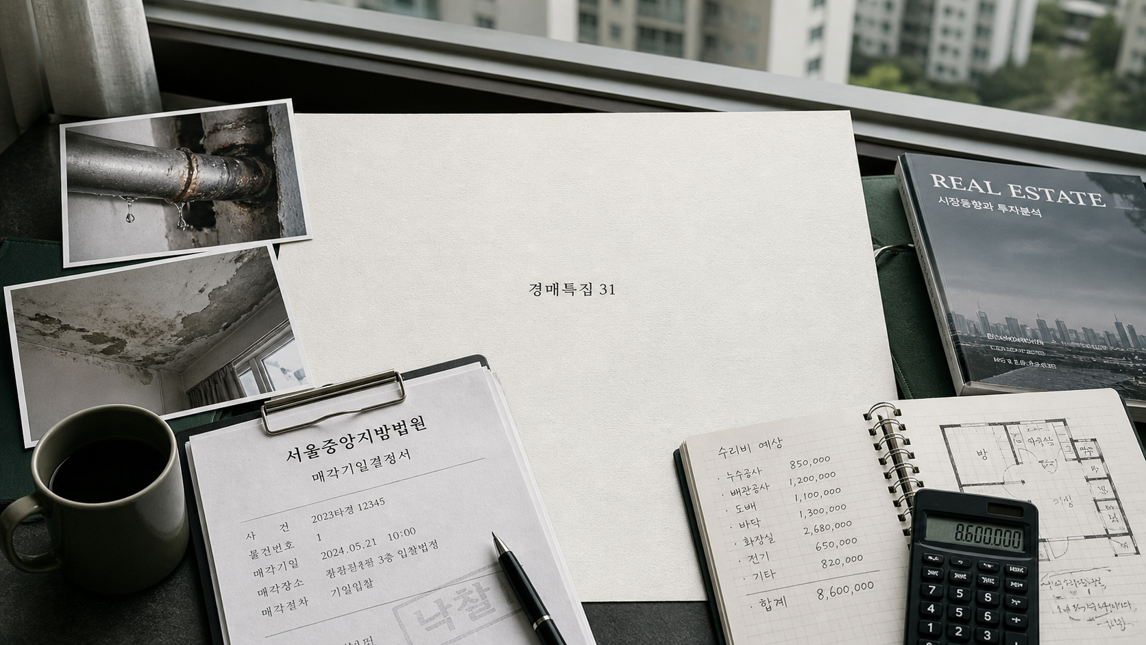 낙찰가보다 수리비가 더 무서울 수 있습니다의 핵심 확인 항목을 정리한 부동산 경매 안내 표지