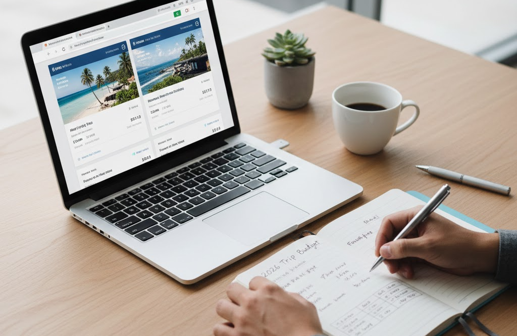 여행 예산을 체크하고 가성비를 비교하는 장면을 표현한 이미지