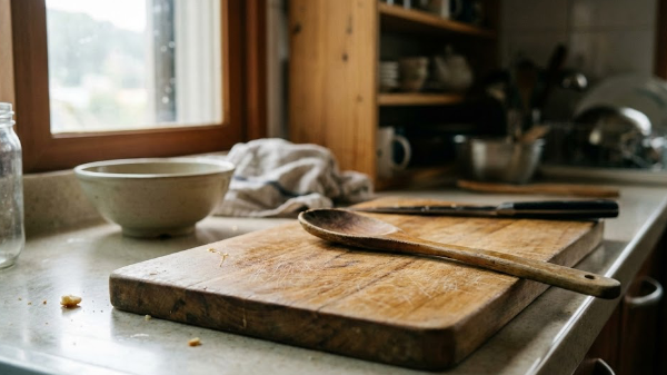 나무 도마, 식기 사진