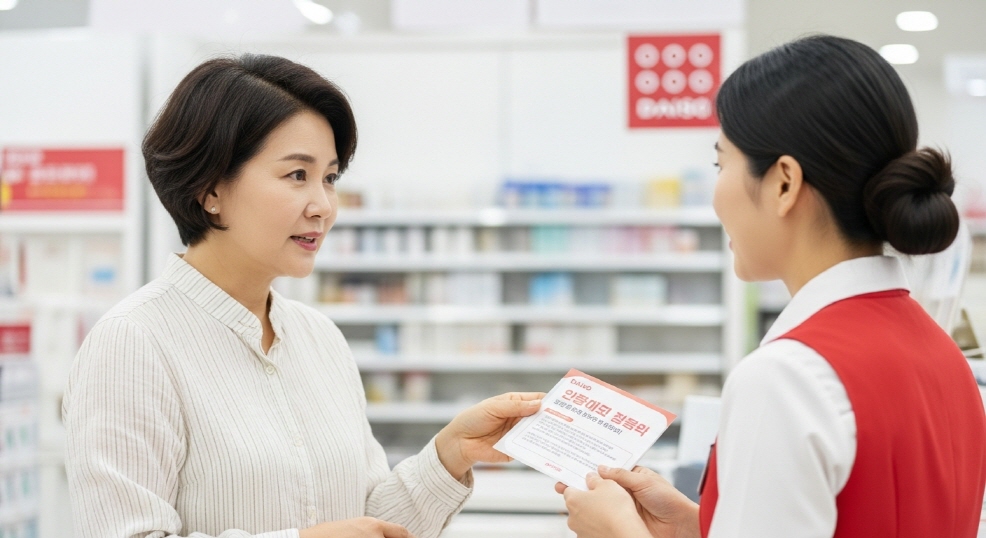 다이소 직원에게 질문하는 중년 여성