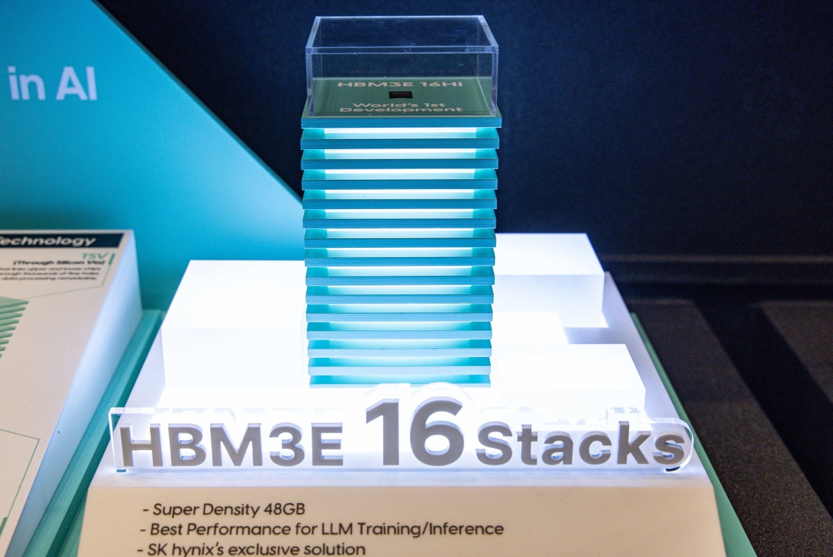 서울 강남구 코엑스에서 열린 SK AI SUMMIT 2024에 SK하이닉스의 고대역폭메모리 ‘HBM3E’가 전시돼 있다