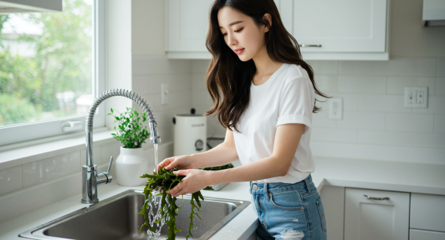 흐르는 물에 염장 미역줄기를 바락바락 주물러 씻어 짠맛을 빼고 있는 모습