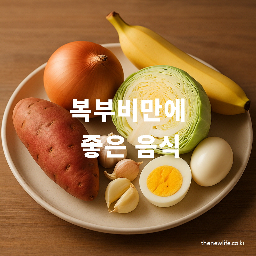 Plate of foods helpful for reducing abdominal fat, including sweet potato, boiled egg, cabbage, garlic, banana, and onion/ 복부비만에 좋은 음식 – 고구마, 삶은 계란, 양배추, 마늘, 바나나, 양파가 담긴 접시