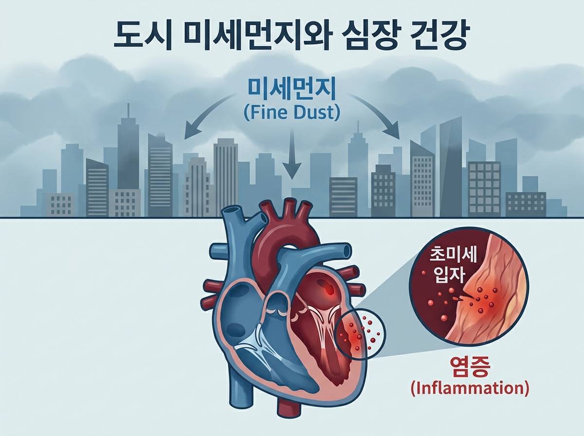 도심 속 미세먼지가 가득한 하늘과 사람의 심장 혈관에 미세한 입자들이 침투하여 염증을 일으키는 단면을 시각화한 의학 일러스트