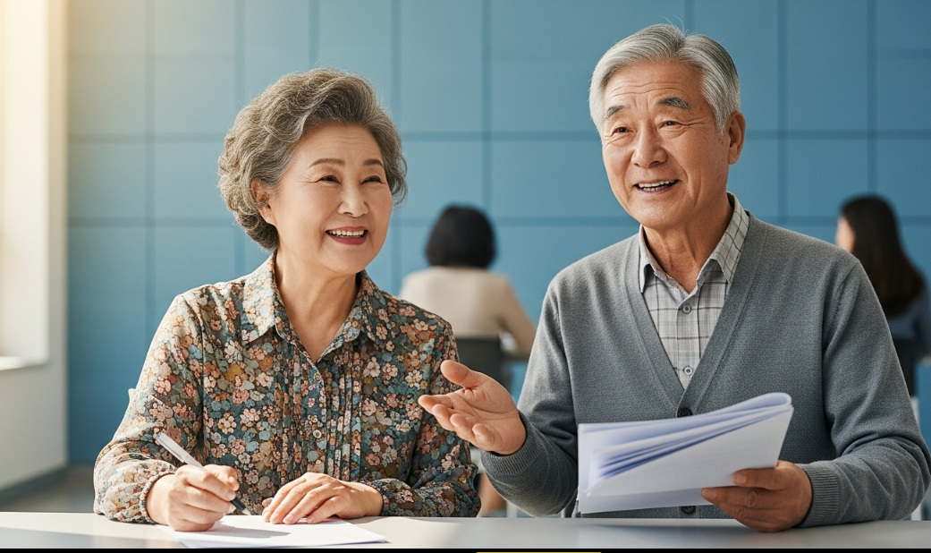 신청절차 작성하는 노부부