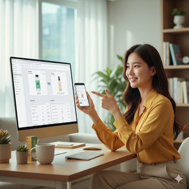 스마트폰이나 컴퓨터로 정보를 꼼꼼하게 확인하며 미소 짓는 현명한 소비자 이미지