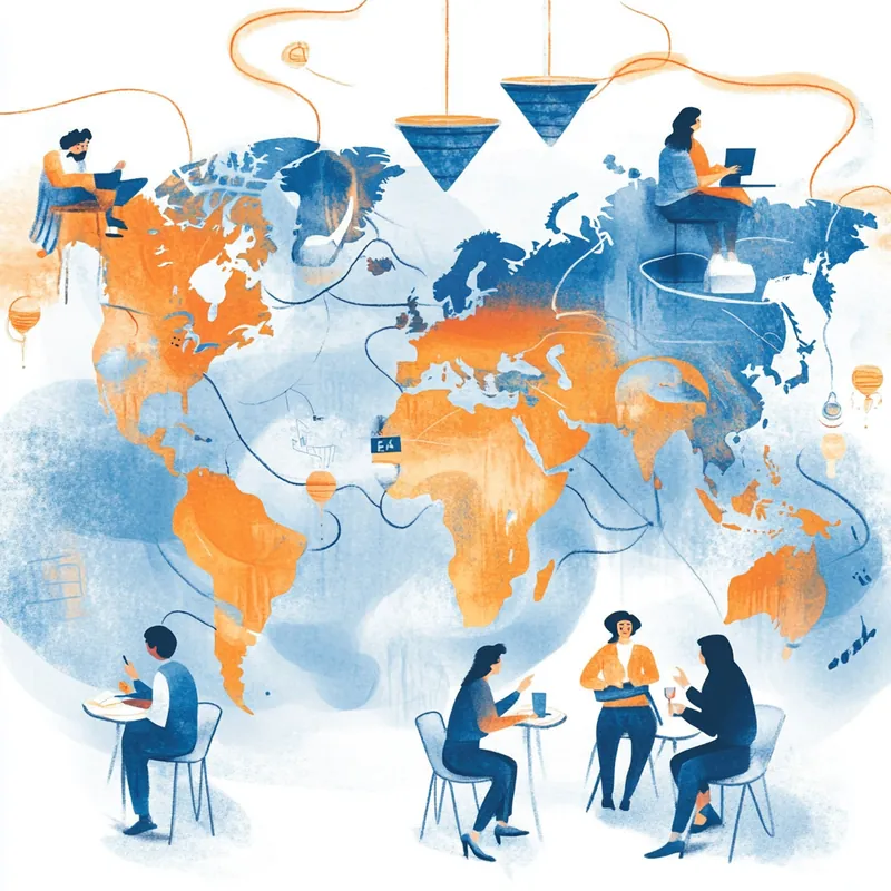 ETF 투자를 위한 글로벌 성장 지역을 강조한 지도 일러스트, 소규모 투자자들의 낙관적인 논의가 배경입니다.