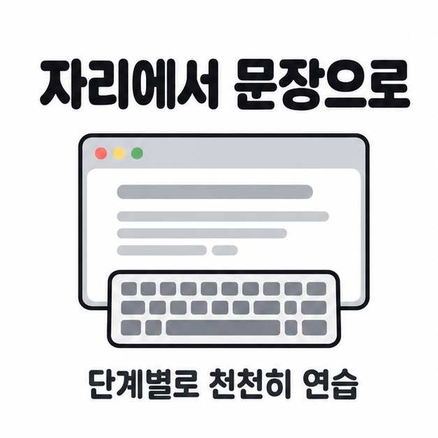 자리에서 문장으로 연습하자는 문구와 짧은 글을 표시한 연습 화면, 키보드 그림
