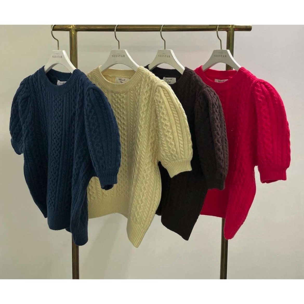 퍼프 꽈배기 반팔 니트 핫핑크