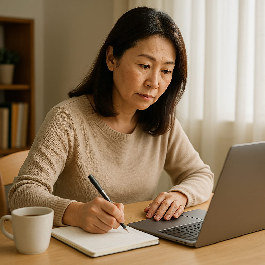 50대 중년 여성이 집에서 노트북으로 온라인 자격증 강의를 수강하며 필기하는 모습. 책상 위에는 커피 머그컵과 체크리스트가 놓여 있으며&amp;#44; 창밖에서 들어오는 자연광으로 따뜻하고 차분한 분위기를 연출하고 있다.