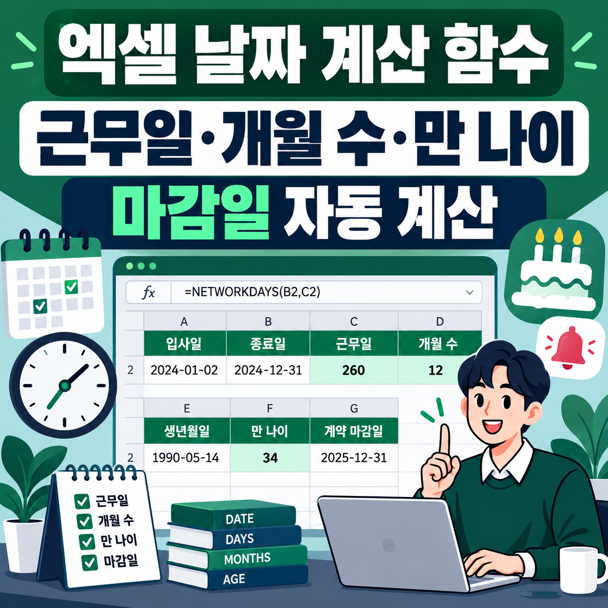 엑셀 날짜 계산 함수 총정리 - 근무일&middot;개월 수&middot;만 나이&middot;마감일 자동 계산