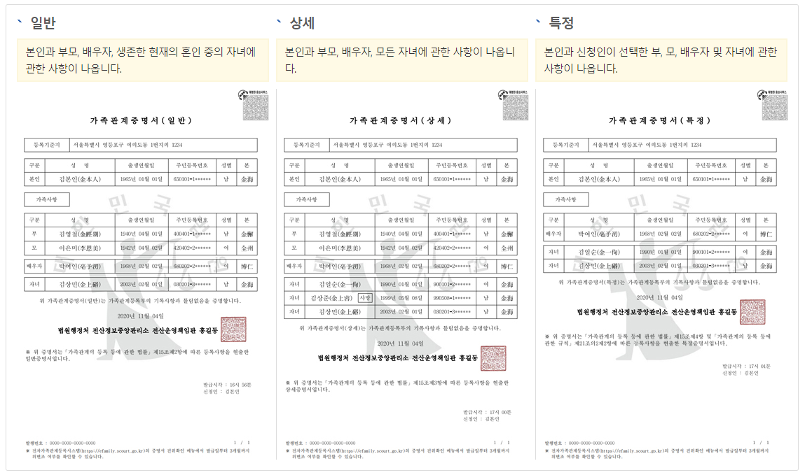 가족관계증명서 개별사항 입력시 내용 예시