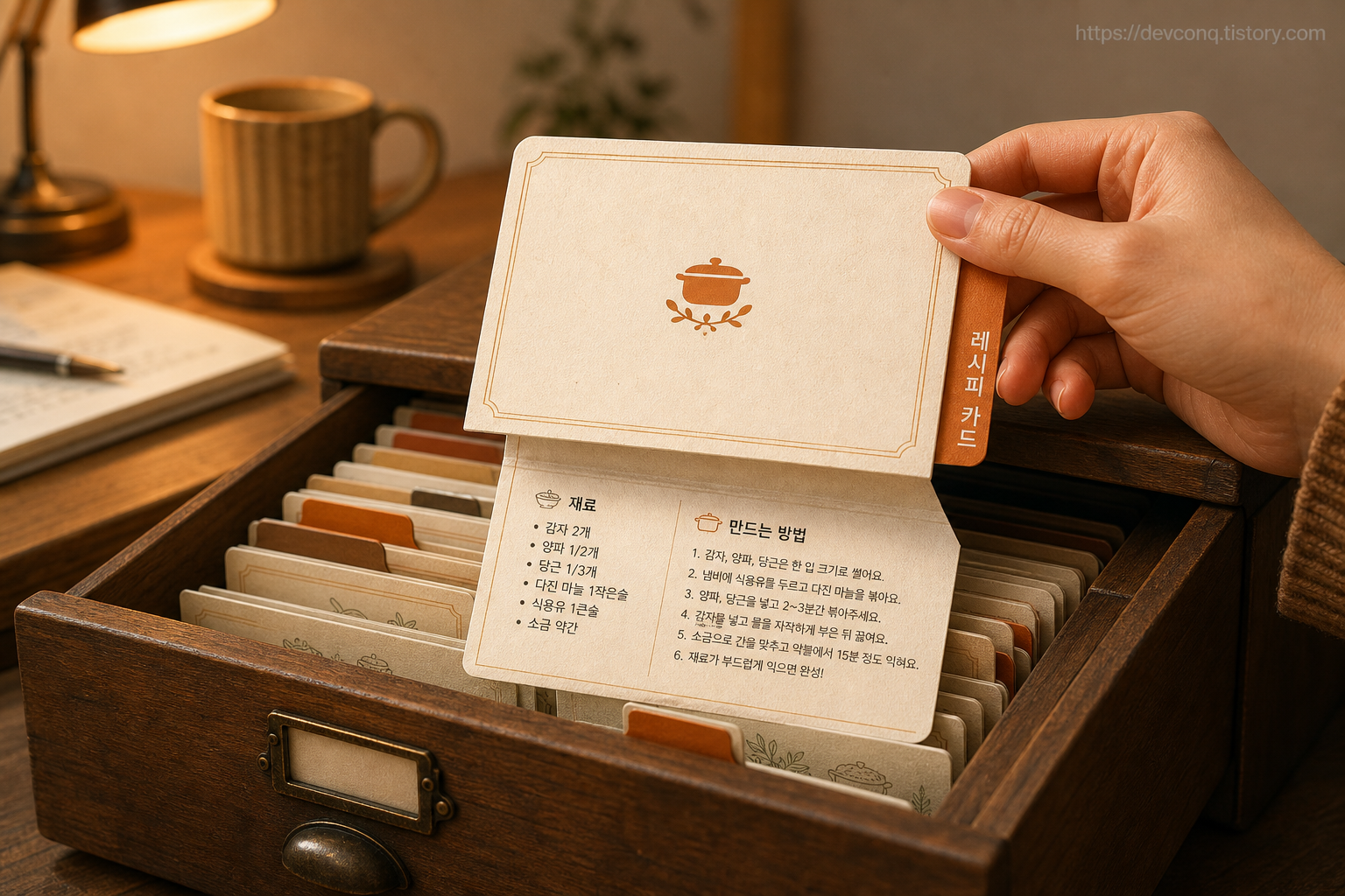 서랍에서 레시피 카드를 꺼내 펼치는 장면, 카드에 스킬 폴더 아이콘이 그려진 은유 이미지