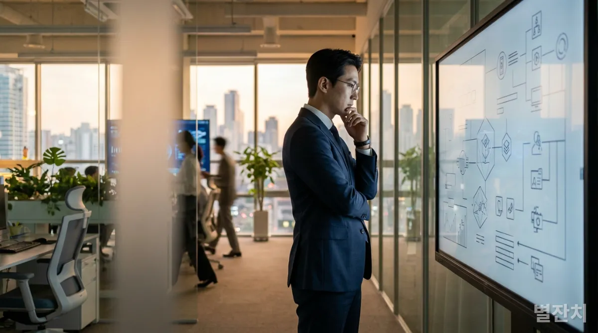 현대 한국의 리더가 다양한 리더십 스타일을 고심하며 조직 전략을 세우는 모습.