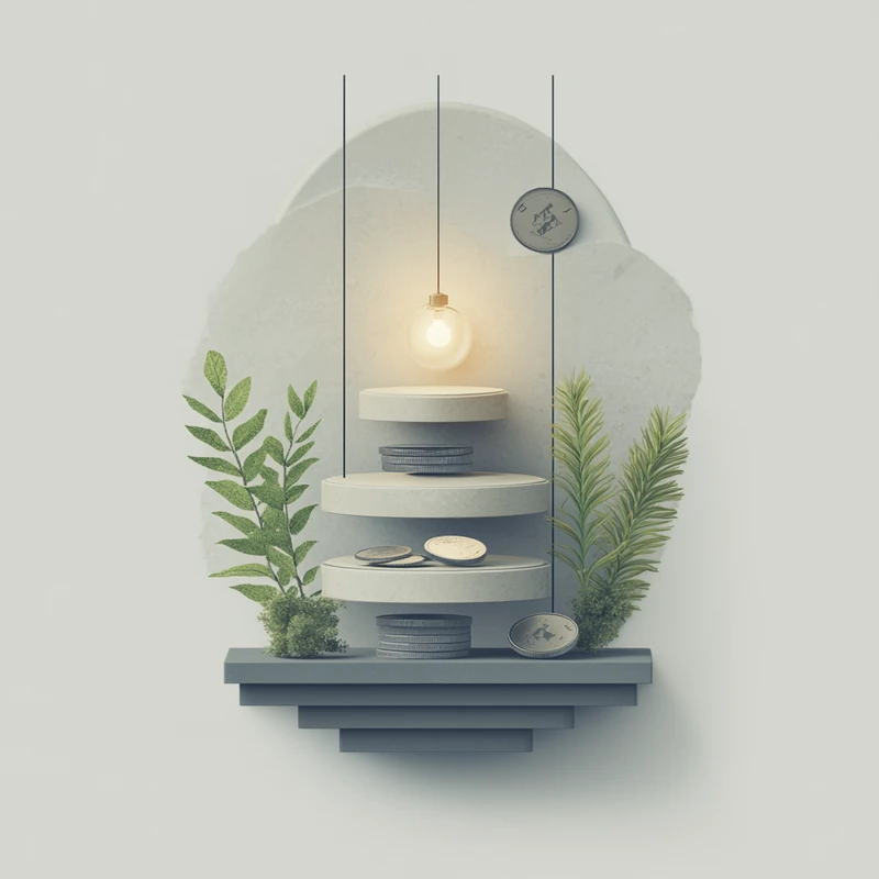 다양한 투자 포트폴리오 일러스트, 금융 성장과 창의적 균형을 상징. 부드러운 조명과 프로페셔널한 톤