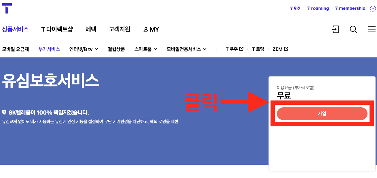 SKT 해킹 사건 이후 홈페이지에 표시된 유심 보호 서비스 가입 버튼