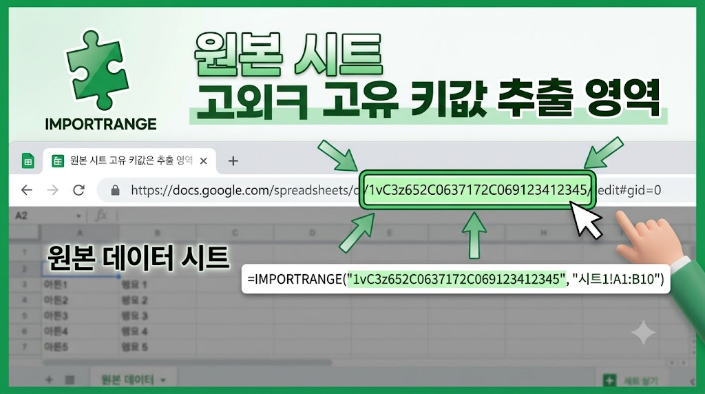 웹 브라우저 주소창에서 구글 스프레드시트 고유 ID 문자열을 마우스로 드래그하여 복사하는 화면
