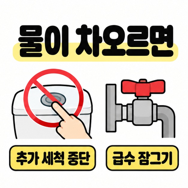 물이 차오르면 제목 아래 세척 버튼을 누르는 손에 금지 표시를 하고 밸브 그림과 함께 추가 세척 중단과 급수 잠그기를 안내한 이미지