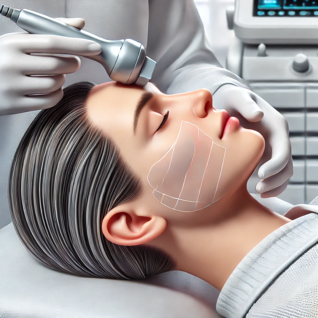 울쎄라 시술을 받는 환자의 모습. 의료진이 환자의 얼굴에 초음파 기기를 사용하여 턱선과 볼 부위를 시술하고 있으며, 환자는 깨끗한 임상 환경에서 편안하게 누워 있습니다. 시술의 비수술적 특성과 초음파 기기의 정밀성을 강조하는 장면입니다.