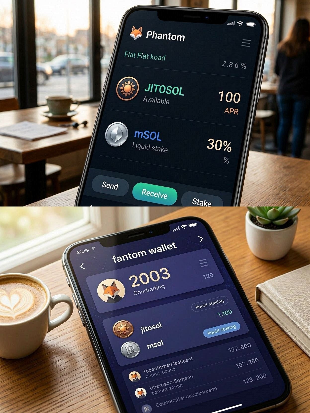 A screenshot of a Phantom wallet interface displaying JitoSOL and Marinade staked tokens.