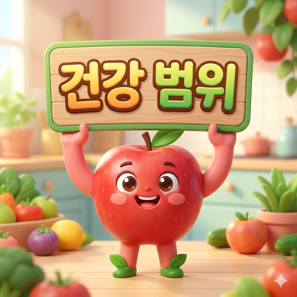 웃는 모습의 귀여운 브로콜리 캐릭터가 '건강 수치'라고 쓰인 팻말을 들고 있는 3D 카툰 일러스트. 건강하고 활기찬 느낌을 줍니다.