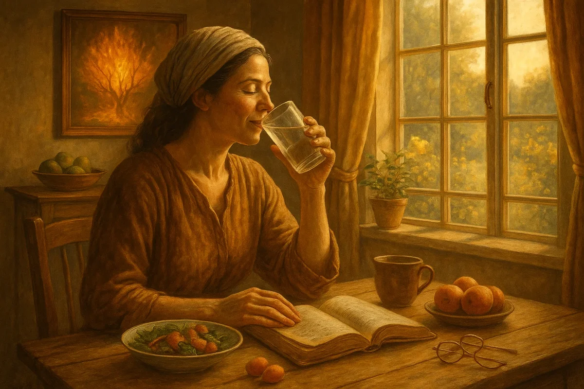 창가에서 물을 마시는 여인