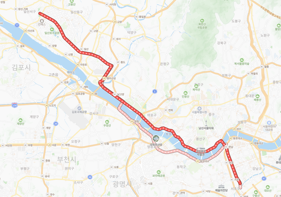 고양-서울-9700번-버스-노선-지도
