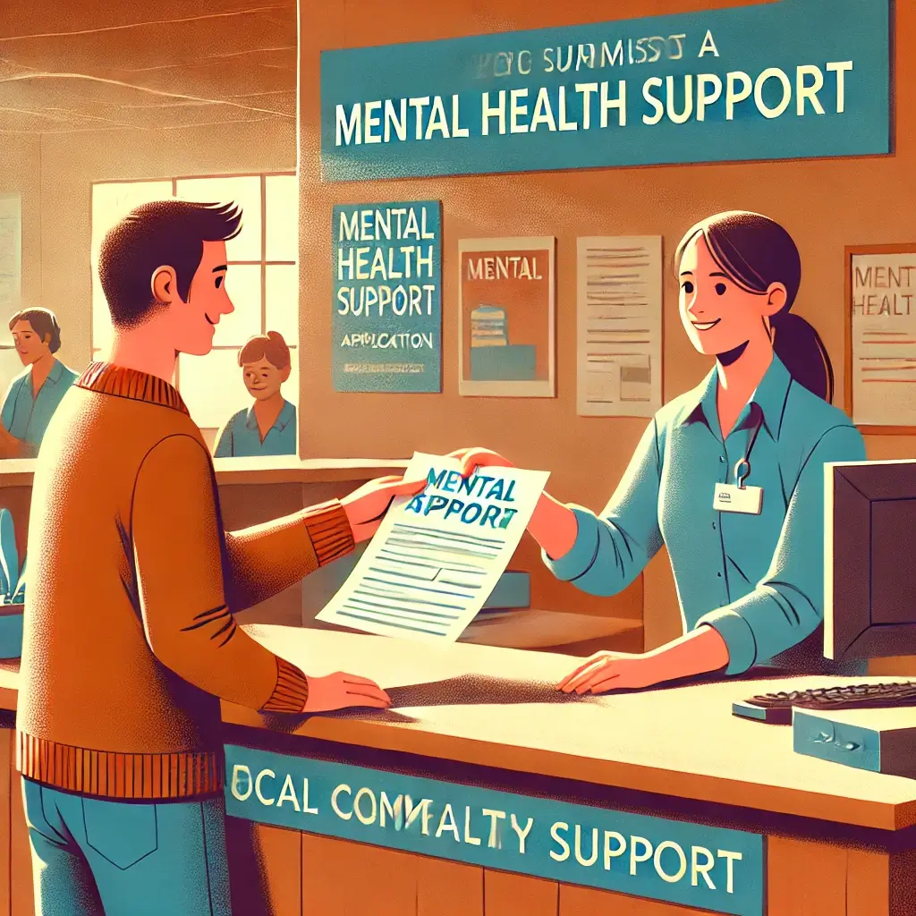 지역 사회 복지센터에서 정신 건강 지원 신청서를 제출하는 장면