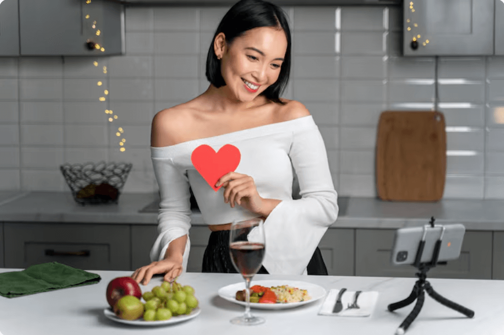 과일과 와인을 두고 통화하고 있는 여성