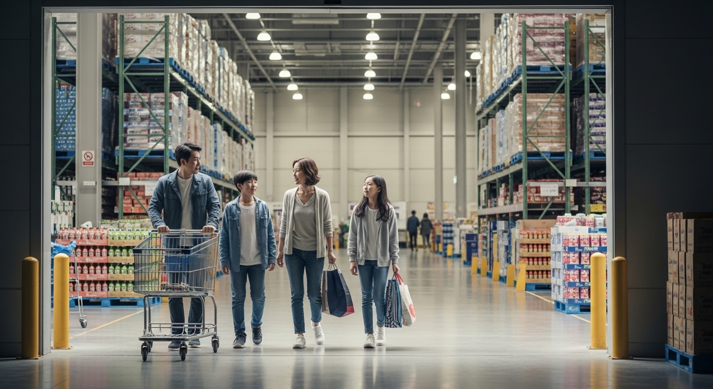장바구니와 카트를 들고 매장에 들어가는 가족 장면 