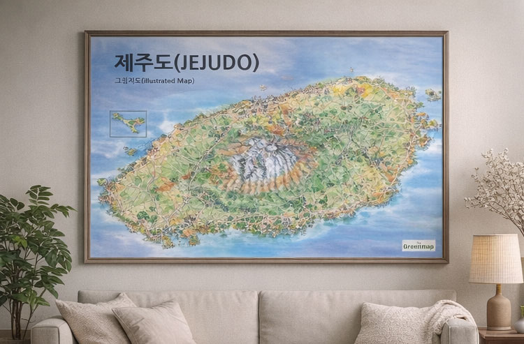 거실 : 세련된 원목 액자로 품격 있는 포인트를 준 제주도 (그림지도)