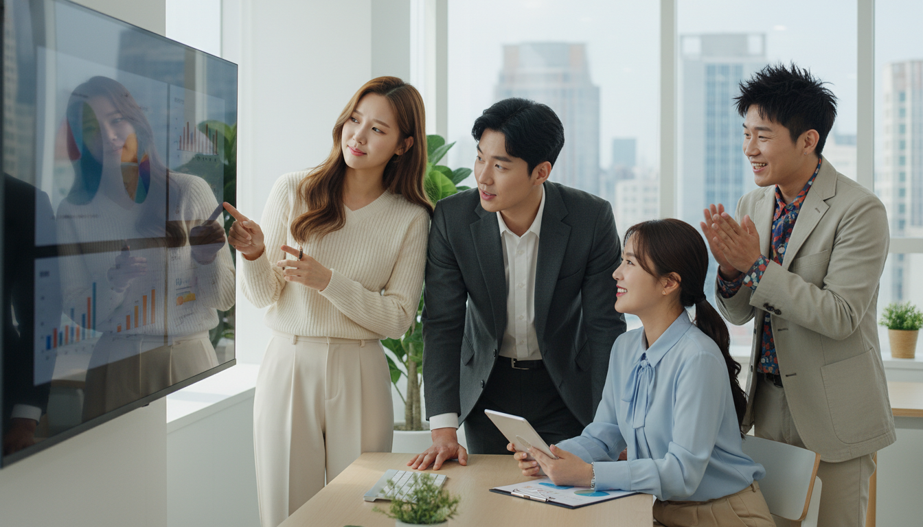 다양한 MBTI 유형의 한국인 직장인 네 명이 서로의 의견을 경청하며 즐겁게 협력하여 팀워크를 발휘하는 모습