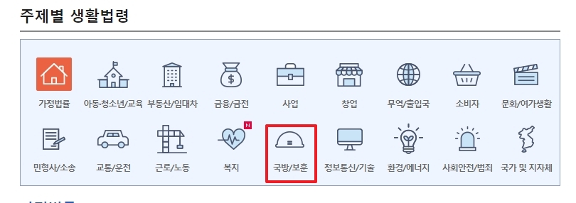 주제별 생활법령에서 국방/보훈 카테고리를 선택하는 모습