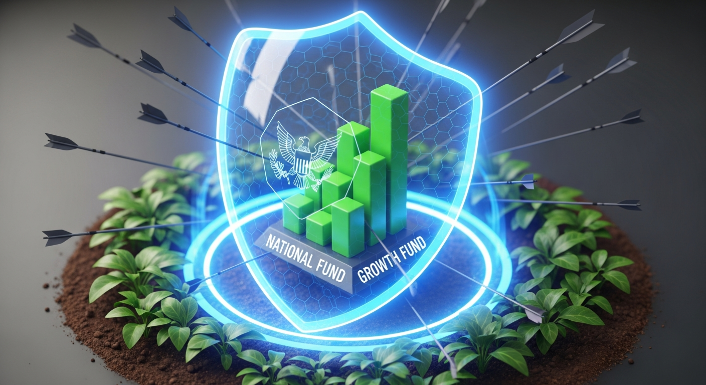 떨어지는 화살(시장 손실을 상징)로부터 금융 그래프를 보호하는 푸른 빛의 에너지 방패. 방패에는 은은한 정부 문양 워터마크가 있다. 방패 아래에서는 녹색 식물들이 안전하게 자라고 있다. '국민성장펀드'의 손실 방어 기제를 상징함. 3D 아이소메트릭 뷰,